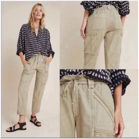 Anthropologie green drawl string elastic waist cargo pants ankle size 29 - Picture 1 of 6